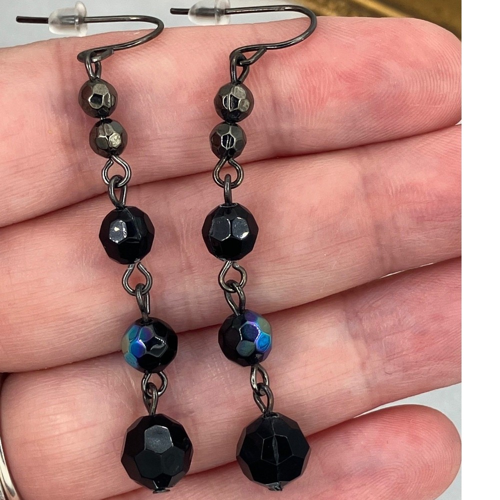 Black Beaded Dangle Earrings Iridescent Goth Pretty Punk Statement Whimsigoth